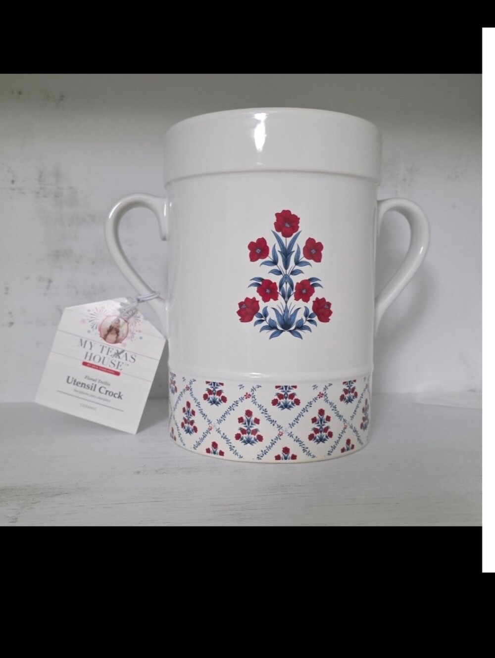 White Ceramic Red Floral Utensil Crock